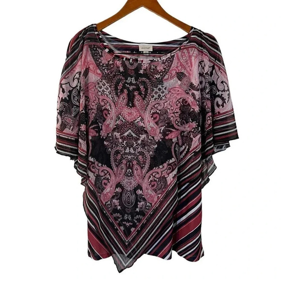 Avenue Blouse Size 14/16 Rhinestone Studded Flared Sleeves Layered Paisley Top - Picture 1 of 8